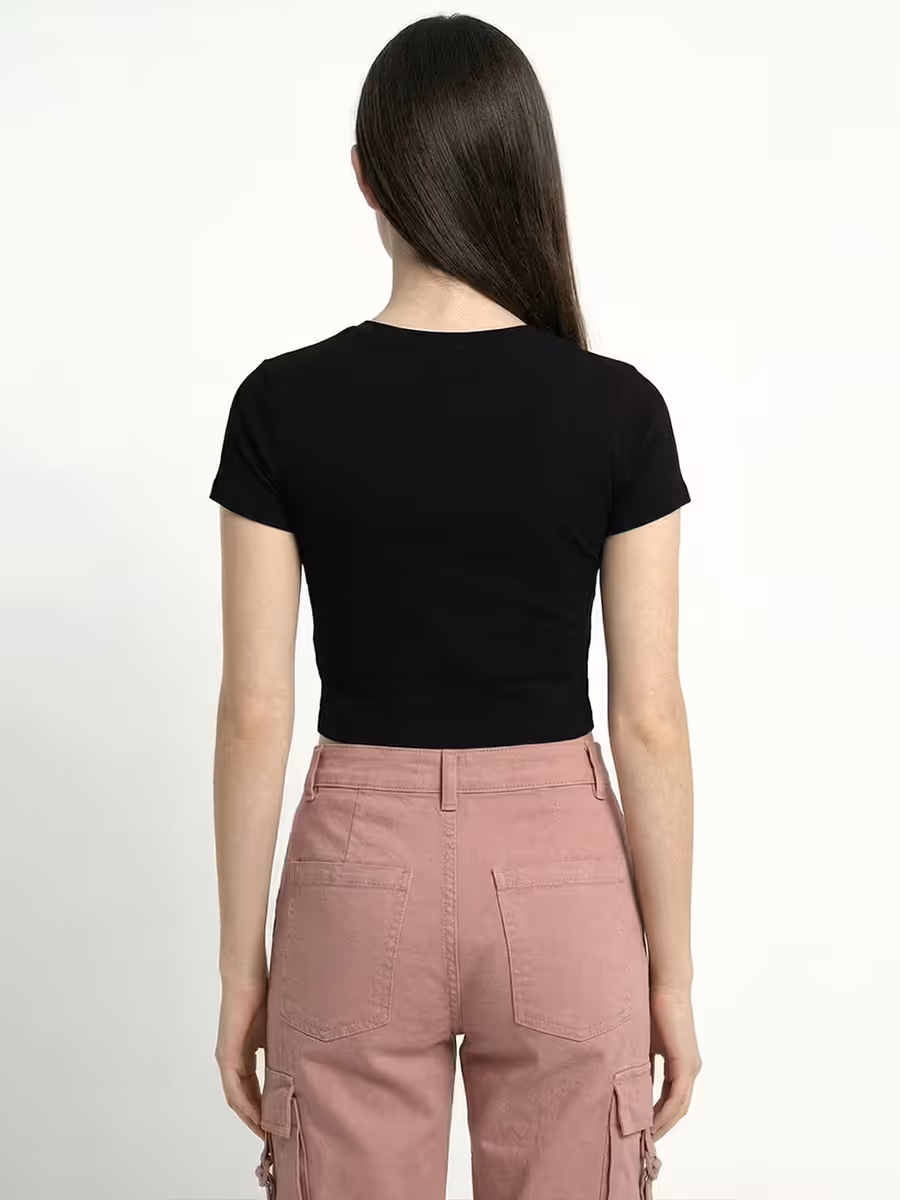 Women's Plain Black Half Sleeve Crop Top 2