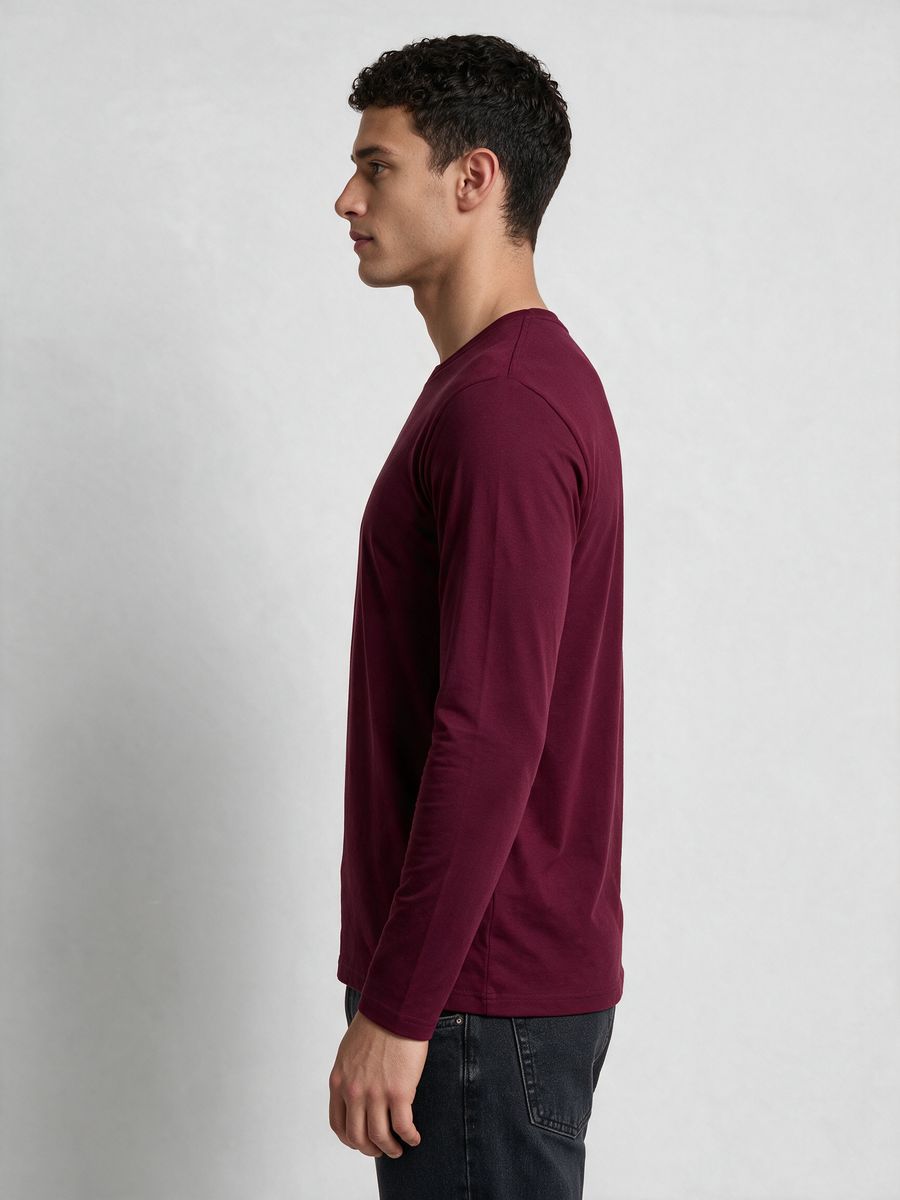 Men's Plain Maroon Full Sleeve Round Neck T-Shirt - alternate view 3