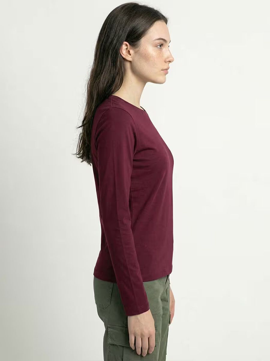 Women's Plain Maroon Full Sleeve Round Neck T-Shirt 3