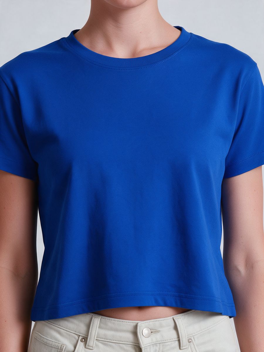 Women's Plain Royal Blue Half Sleeve Crop Top - alternate view 5