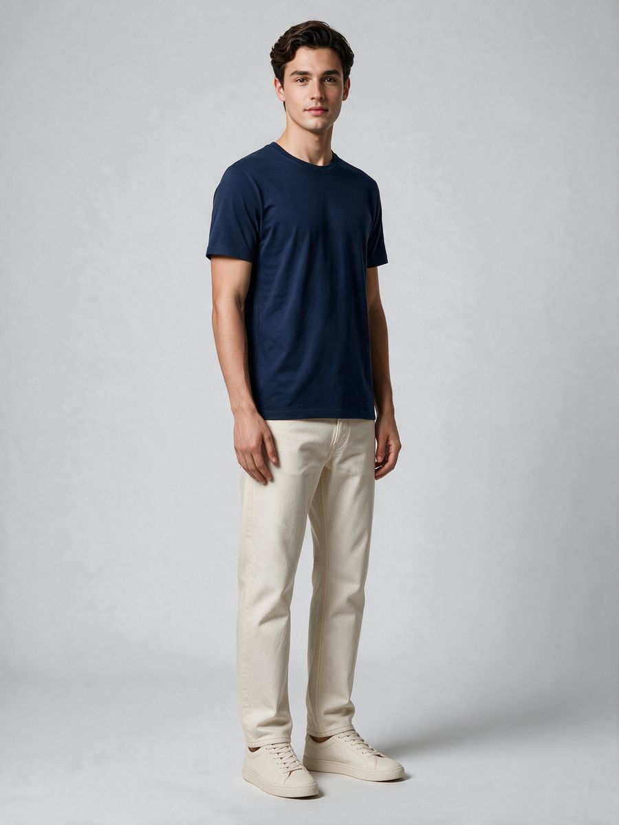 Men's Plain Navy Blue Half Sleeve Round Neck T-Shirt - alternate view 4