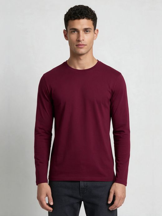 Men's Plain Maroon Full Sleeve Round Neck T-Shirt