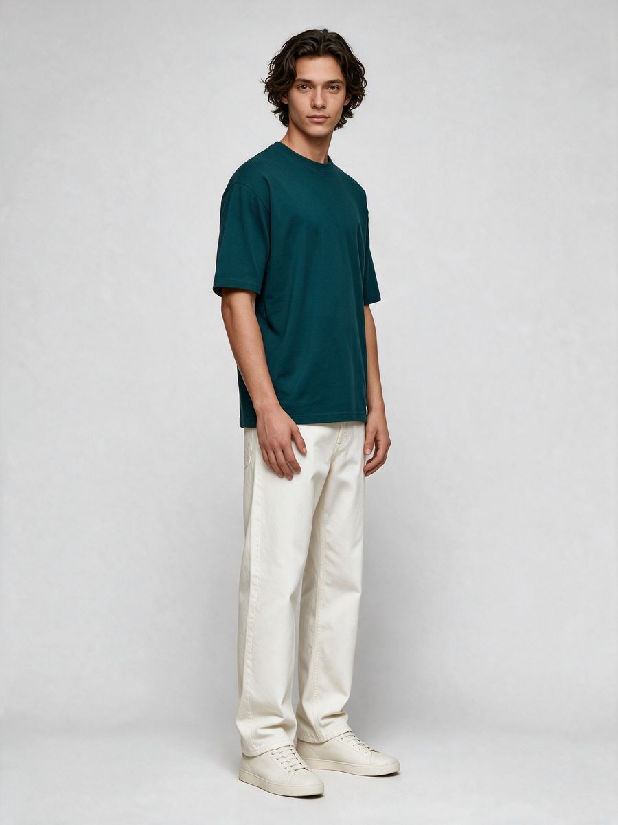 Men's Plain Petrol Round Neck Oversized T-Shirt - alternate view 4