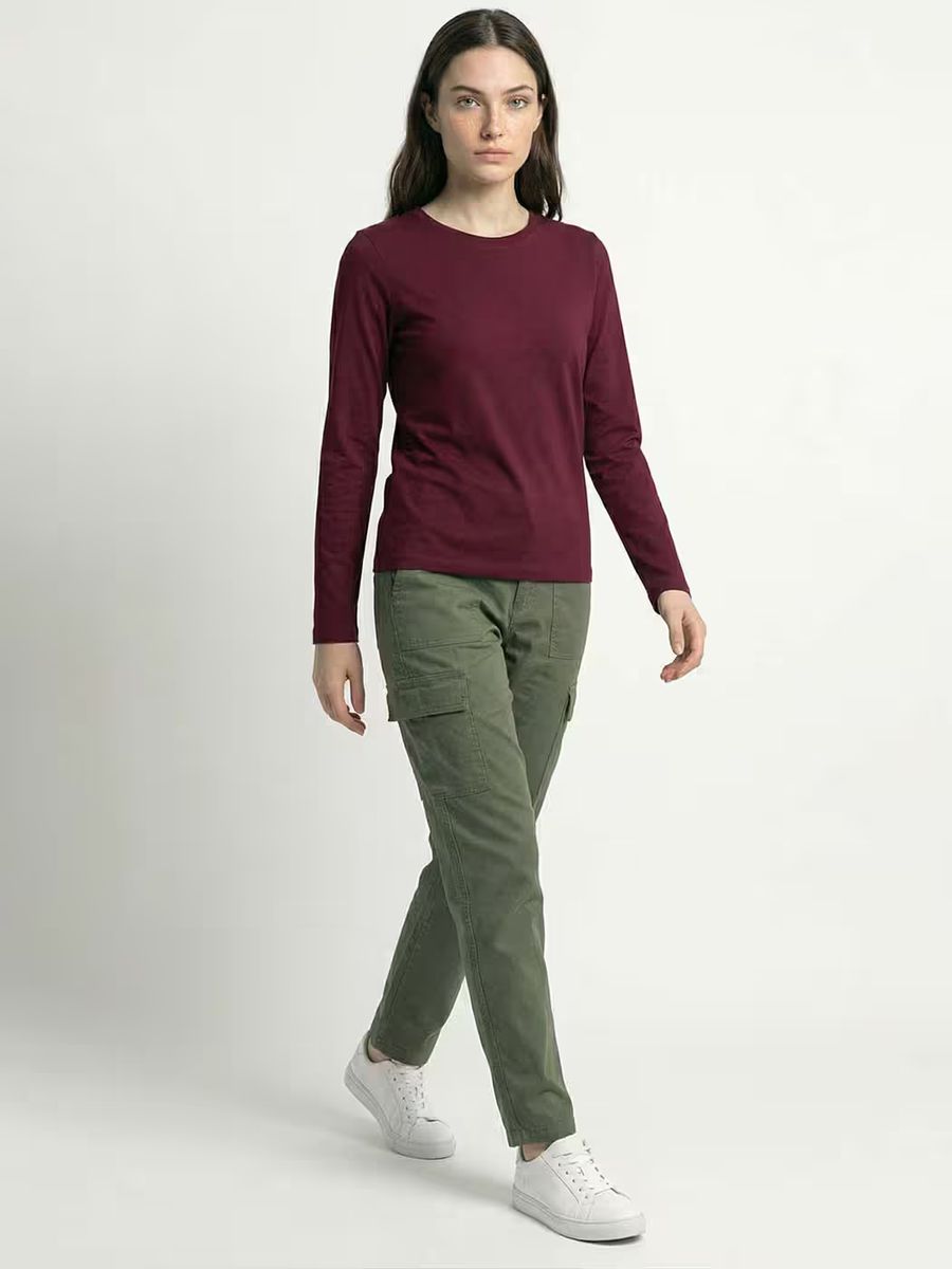 Women's Plain Maroon Full Sleeve Round Neck T-Shirt 4