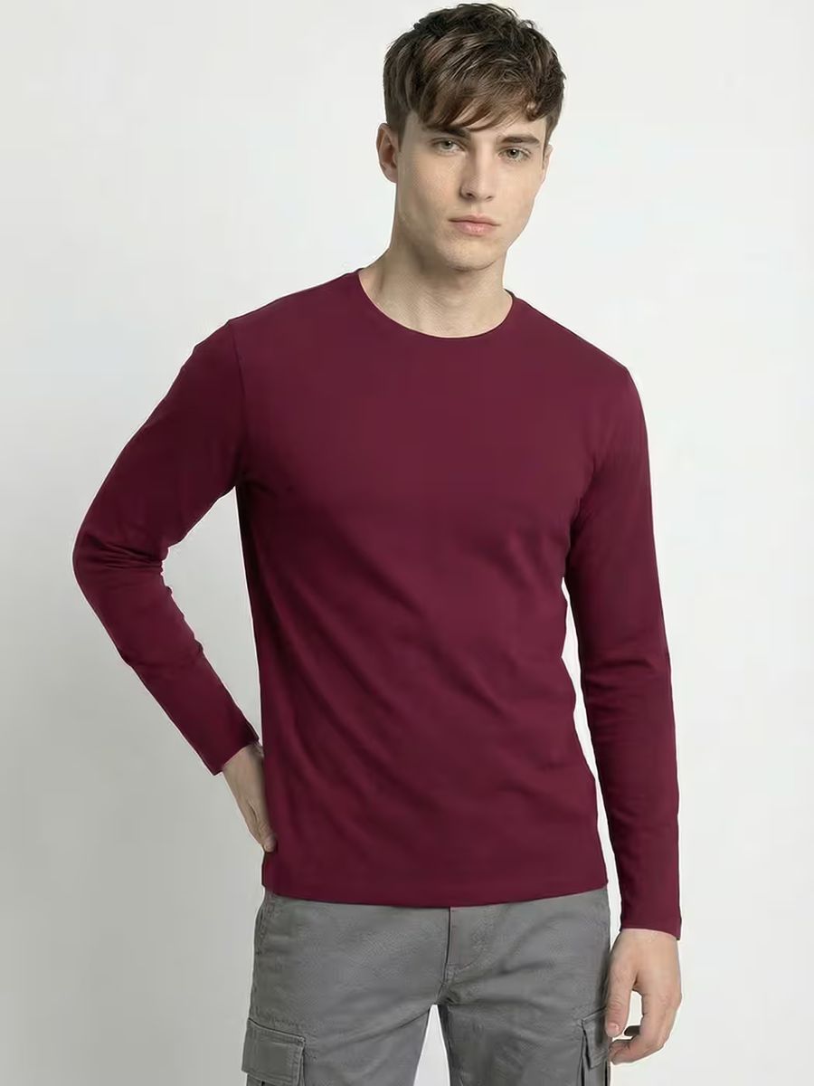 Men's Plain Maroon Full Sleeve Round Neck T-Shirt 2
