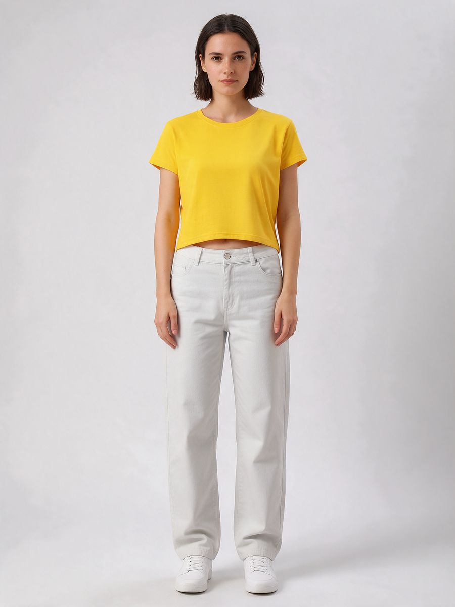 Women's Plain Yellow Half Sleeve Crop Top - alternate view 6