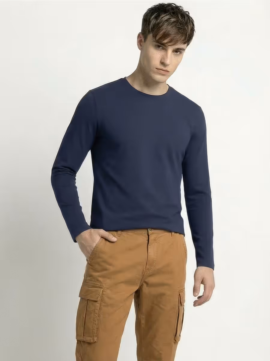 Men's Plain Navy Blue Full Sleeve Round Neck T-Shirt 2