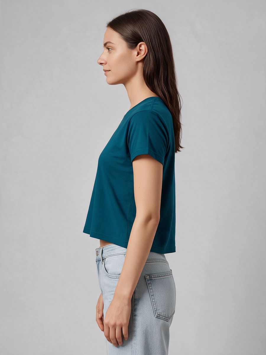 Women's Plain Petrol Half Sleeve Crop Top - alternate view 3