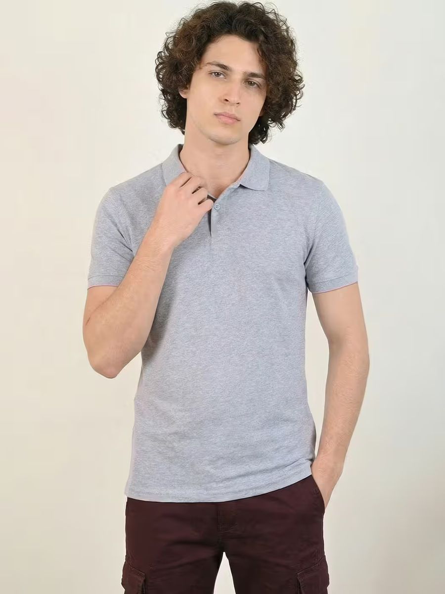 Men's Plain Grey Melange Half Sleeve Polo T-Shirt 2