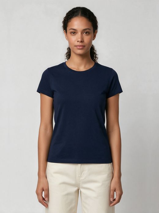 Women's Plain Navy Blue Half Sleeve Round Neck T-Shirt