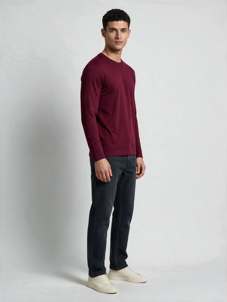 Men's Plain Maroon Full Sleeve Round Neck T-Shirt - alternate view 4