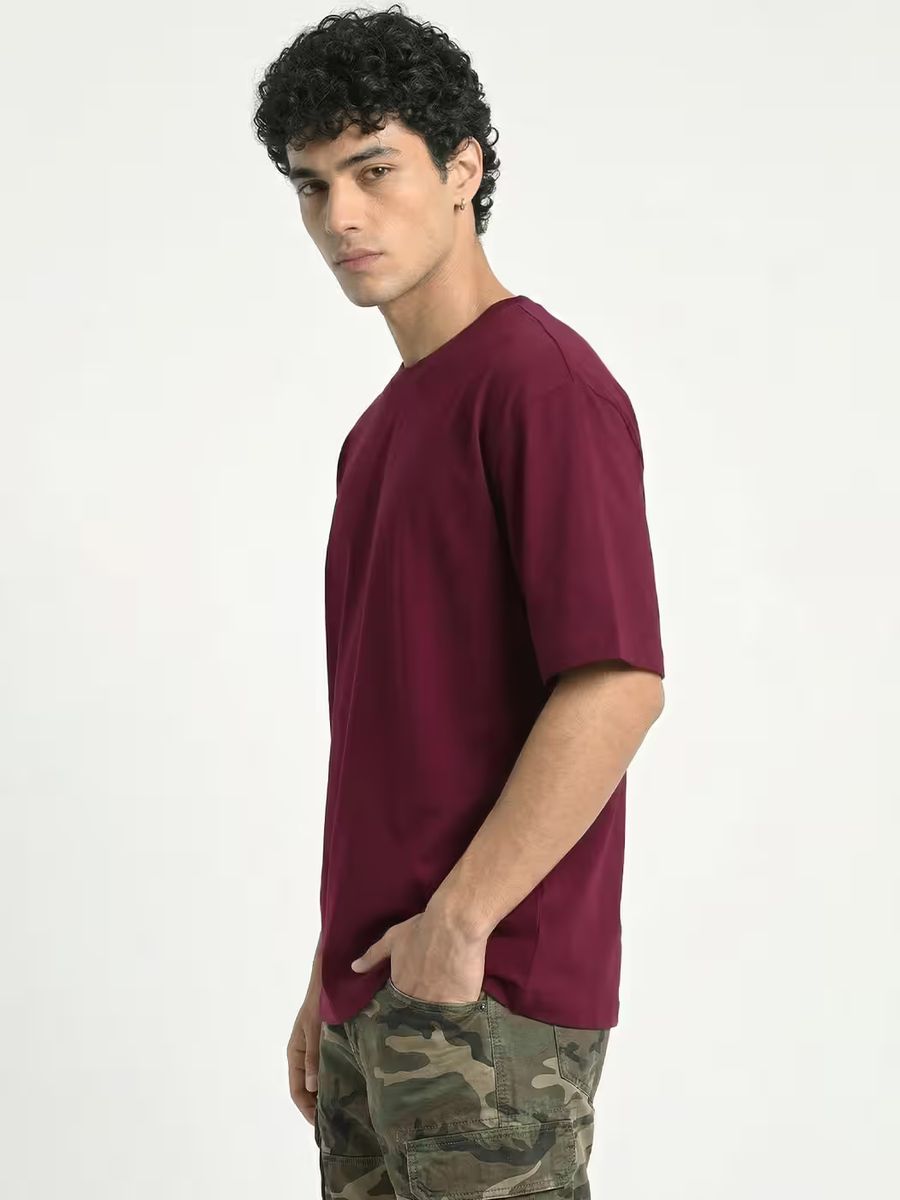 Men's Plain Maroon Round Neck Oversized T-Shirt - alternate view 3