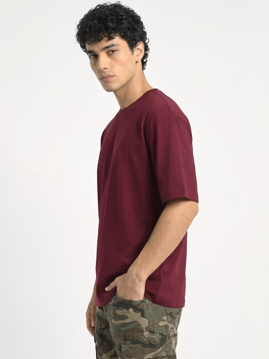 Men's Plain Maroon Round Neck Oversized T-Shirt 3