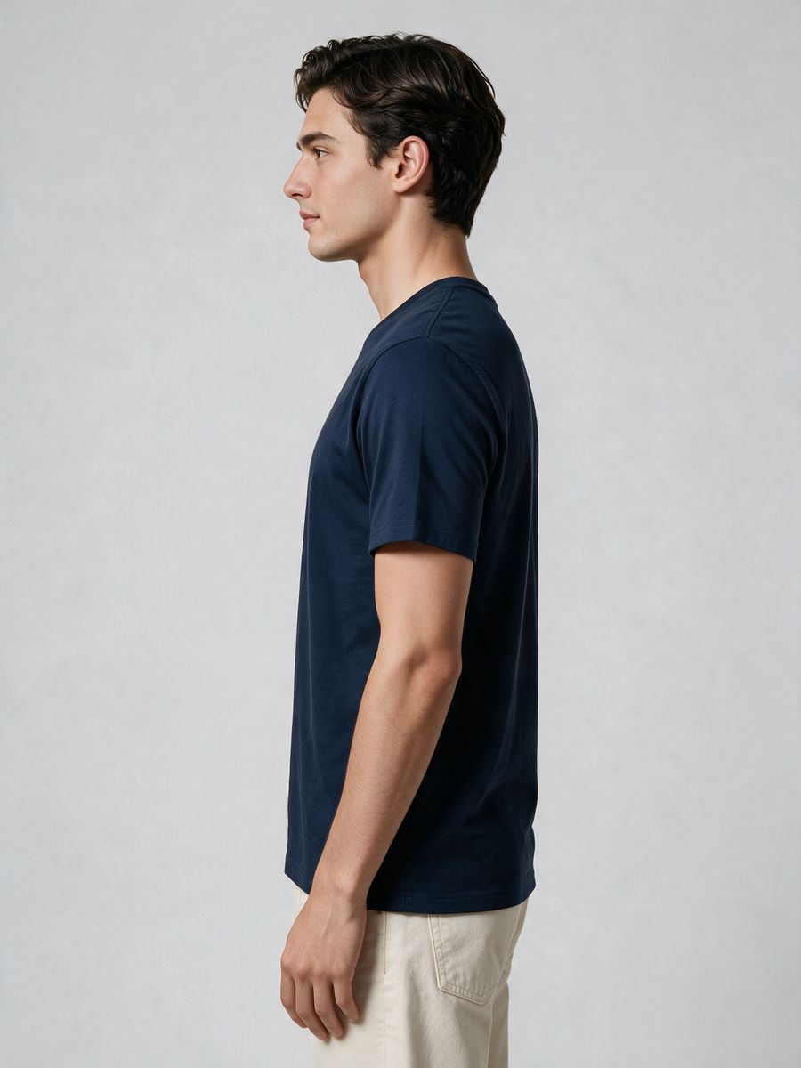 Men's Plain Navy Blue Half Sleeve Round Neck T-Shirt - alternate view 3