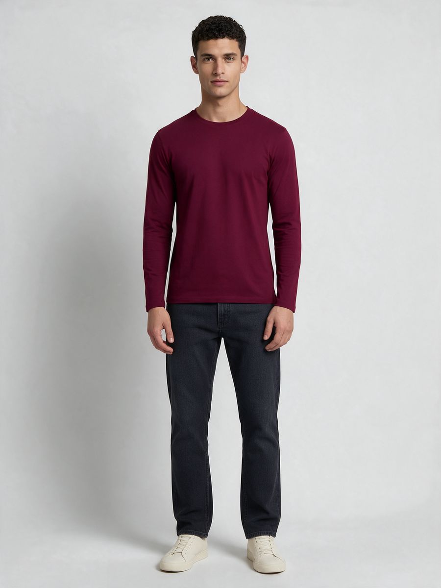 Men's Plain Maroon Full Sleeve Round Neck T-Shirt - alternate view 6