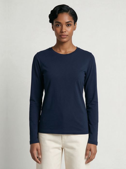 Women's Plain Navy Blue Full Sleeve Round Neck T-Shirt