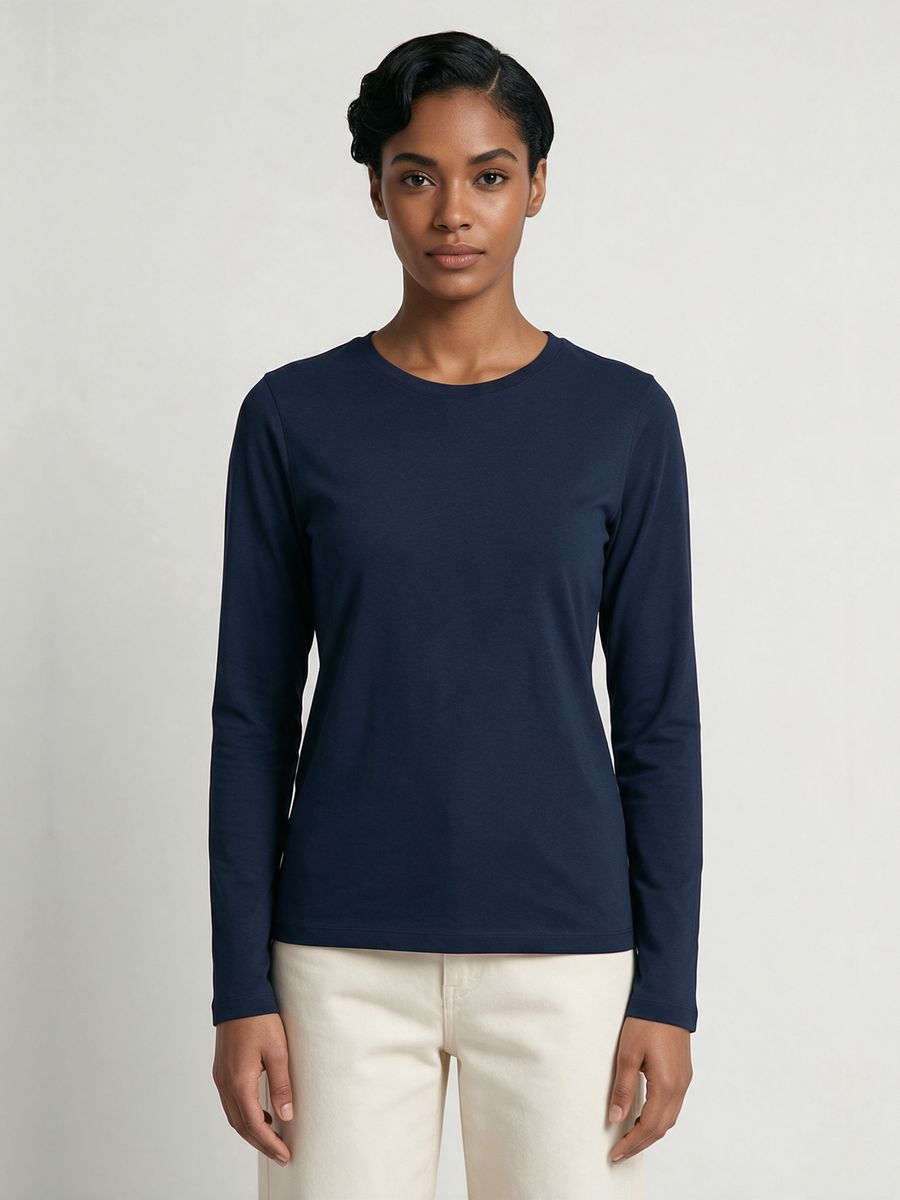 Women's Plain Navy Blue Full Sleeve Round Neck T-Shirt