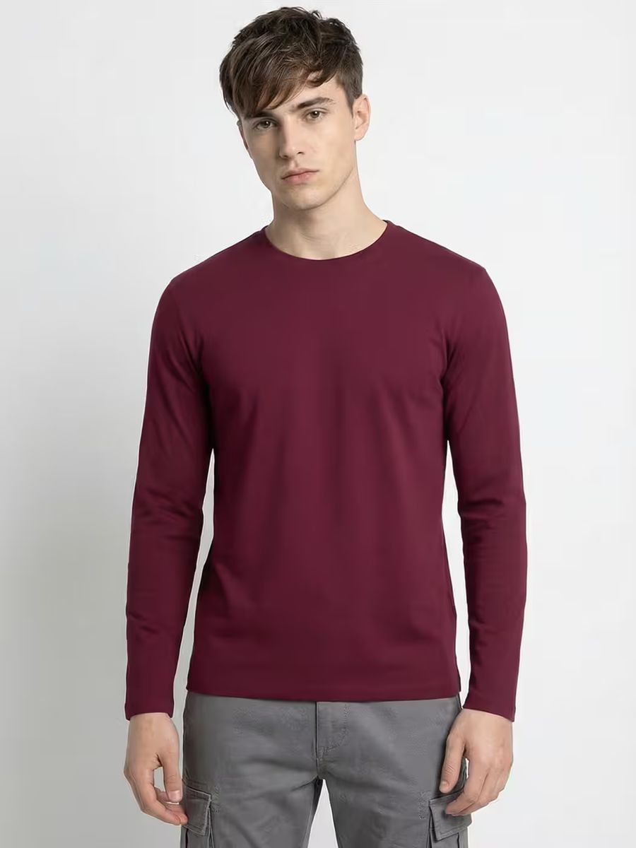 Men's Plain Maroon Full Sleeve Round Neck T-Shirt