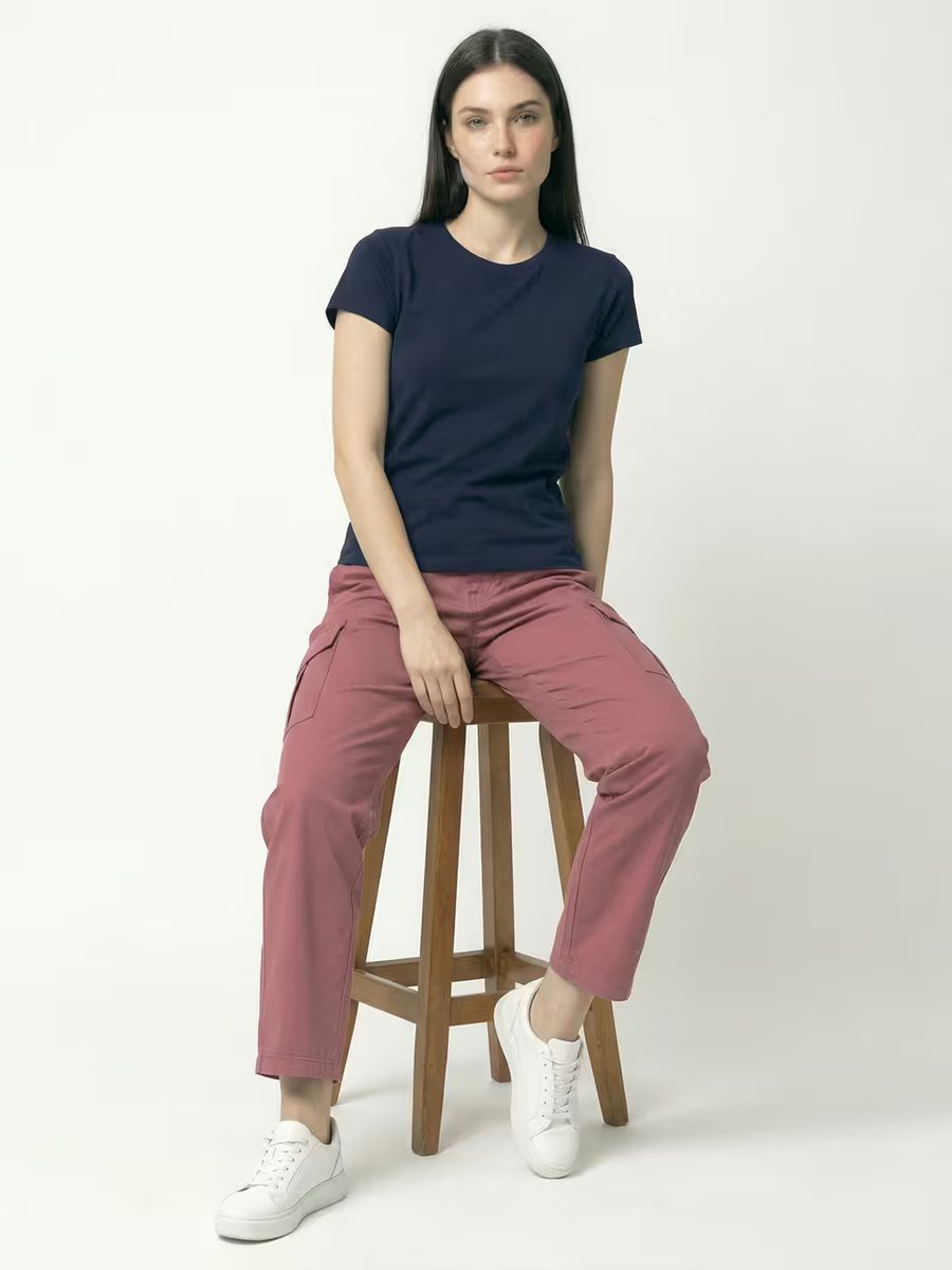 Women's Plain Navy Blue Half Sleeve Round Neck T-Shirt 4