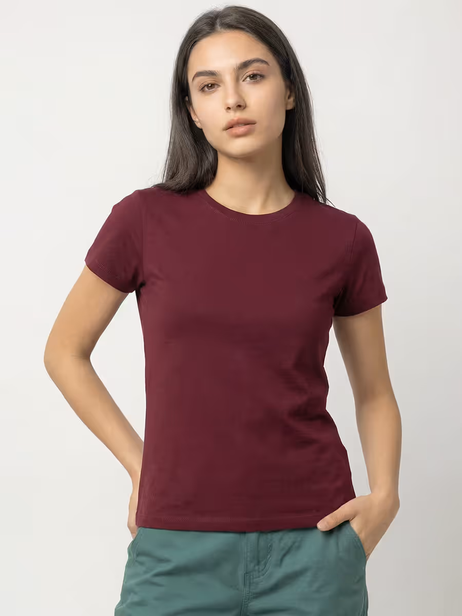 Women's Plain Maroon Half Sleeve Round Neck T-Shirt 5