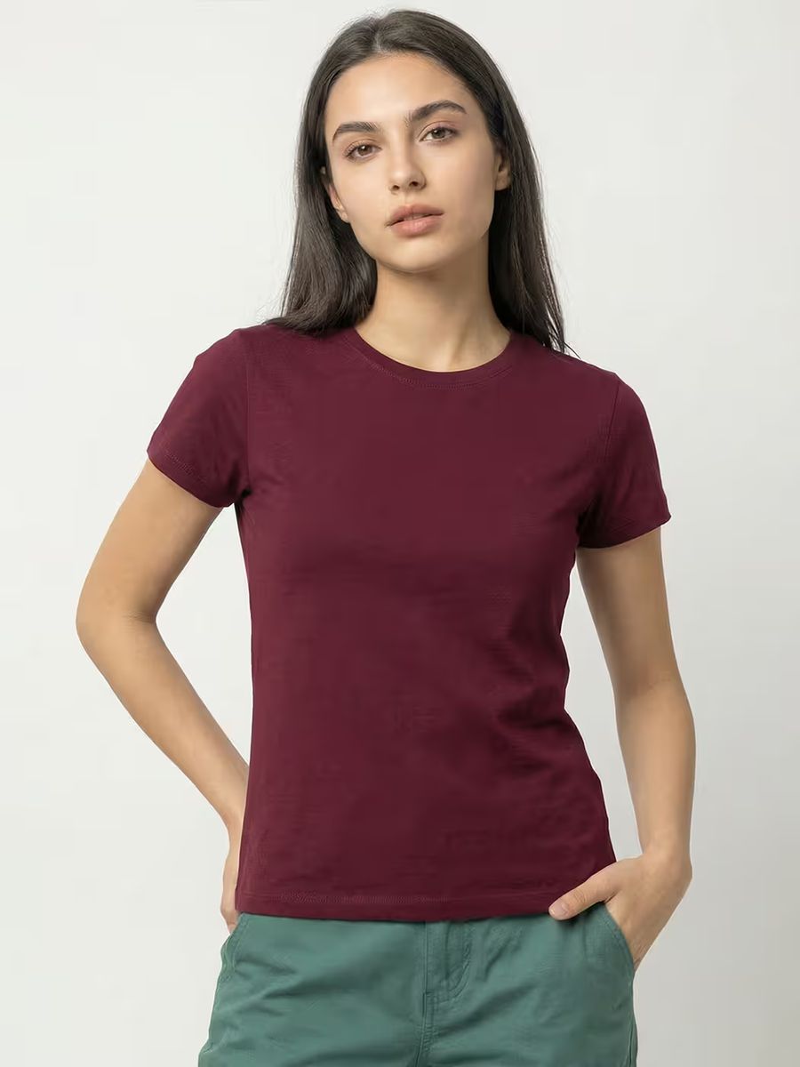 Women's Plain Maroon Half Sleeve Round Neck T-Shirt 5