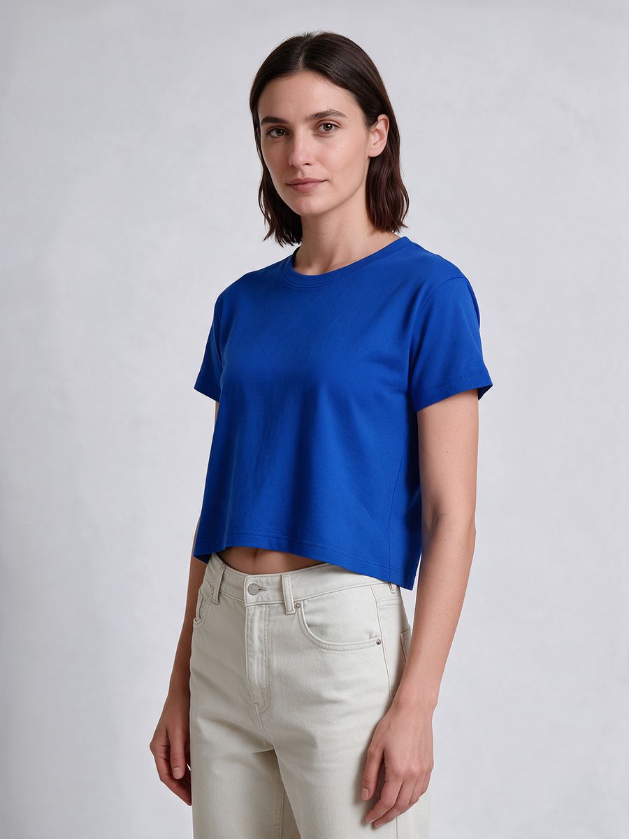 Women's Plain Royal Blue Half Sleeve Crop Top - alternate view 4