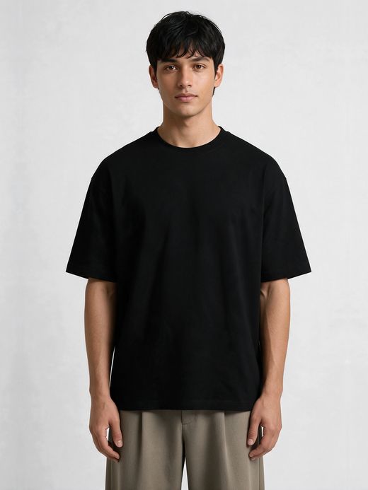 Men's Plain Black Round Neck Oversized T-Shirt