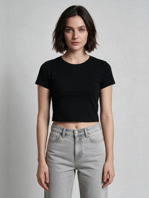 Women's Plain Black Half Sleeve Crop Top