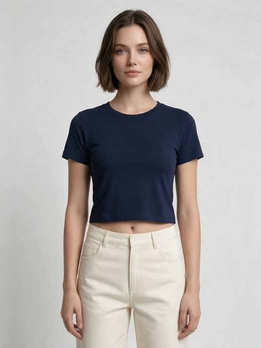 Women's Plain Navy Blue Half Sleeve Crop Top