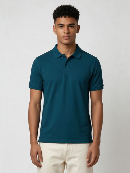 Men's Plain Petrol Half Sleeve Polo T-Shirt