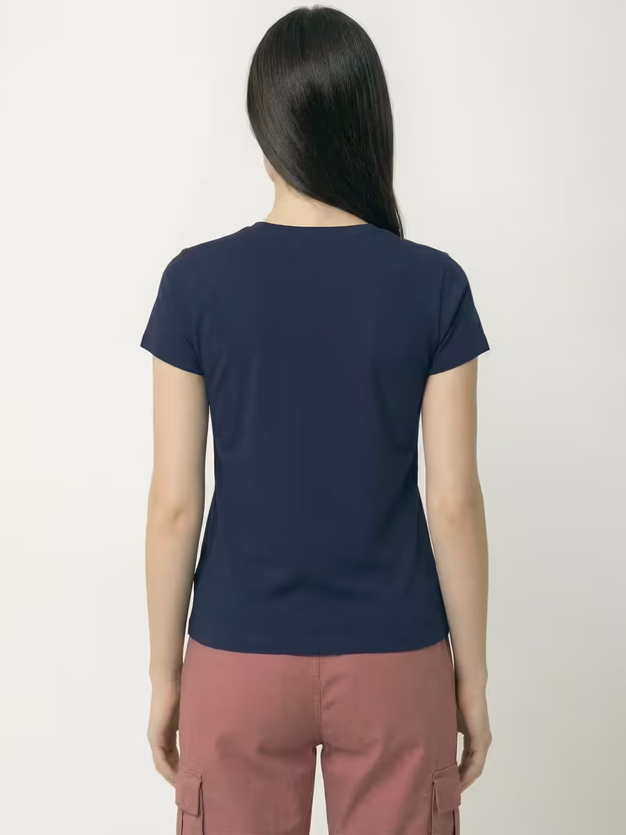 Women's Plain Navy Blue Half Sleeve Round Neck T-Shirt 2