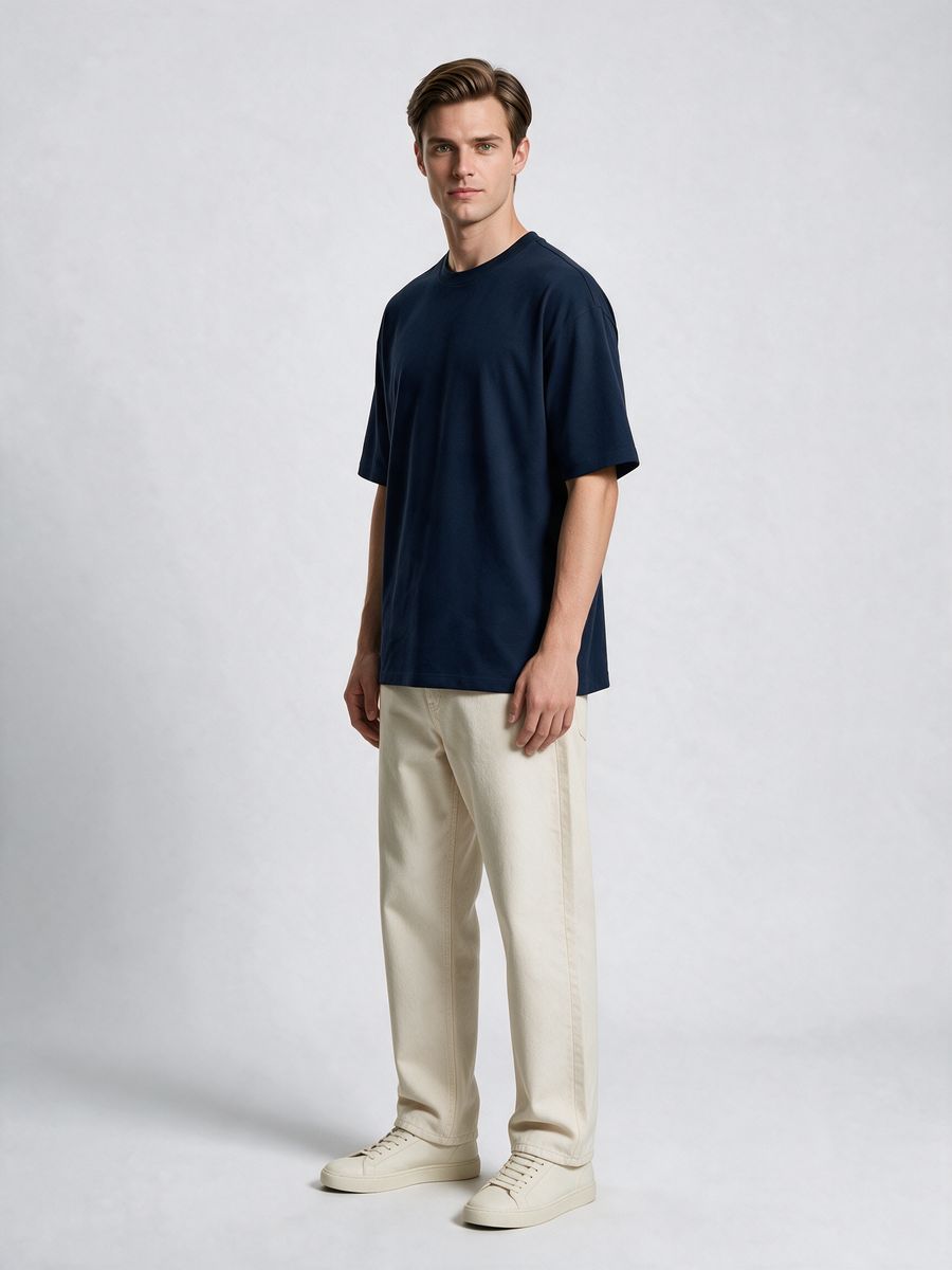 Men's Plain Navy Blue Round Neck Oversized T-Shirt - alternate view 4