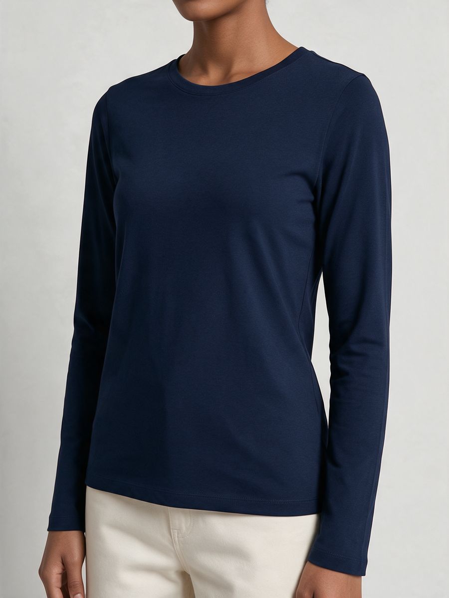 Women's Plain Navy Blue Full Sleeve Round Neck T-Shirt - alternate view 5
