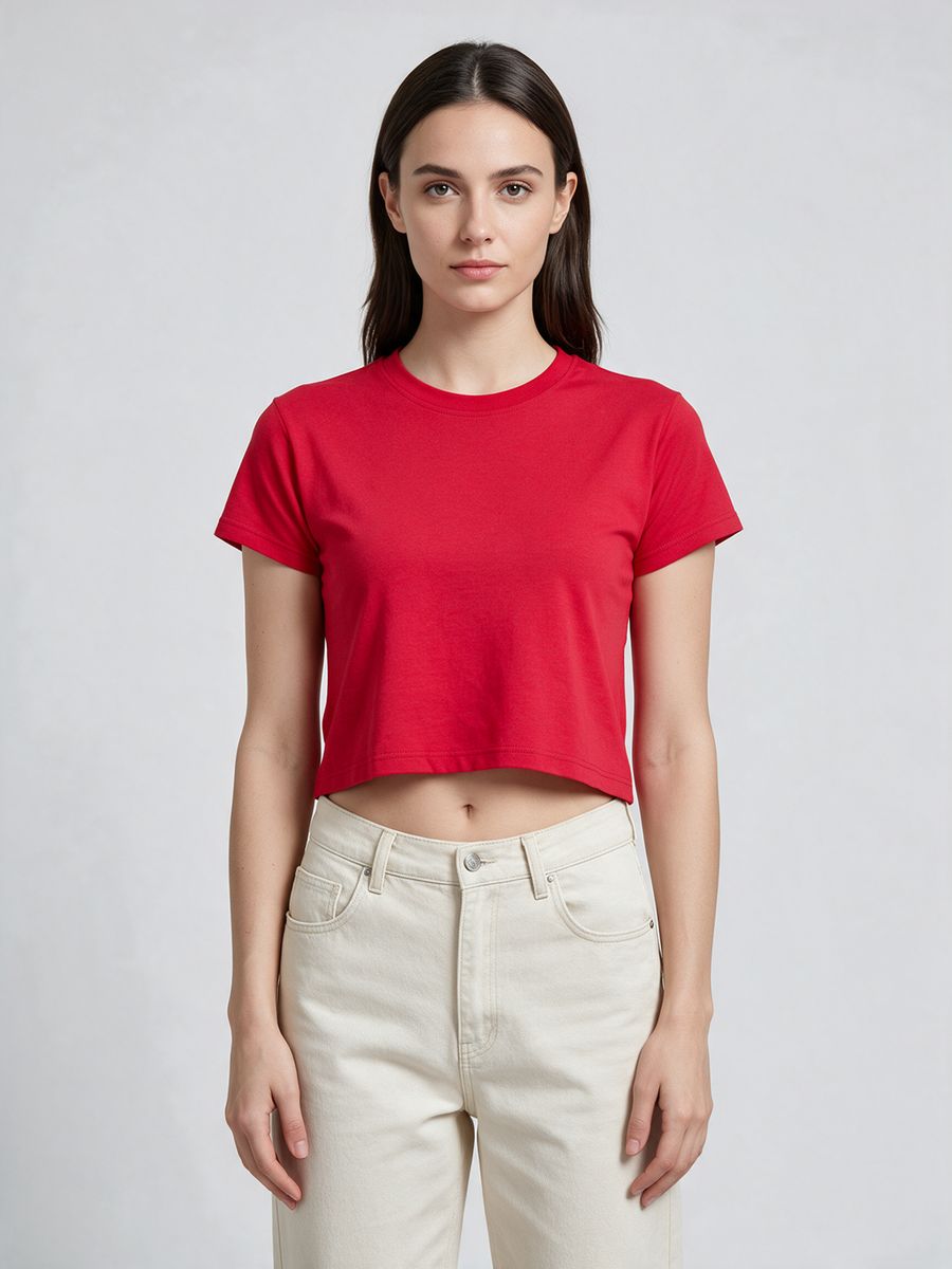 Women's Plain Red Half Sleeve Crop Top