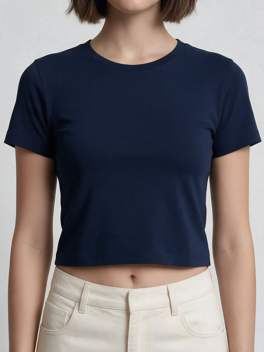 Women's Plain Navy Blue Half Sleeve Crop Top - alternate view 5