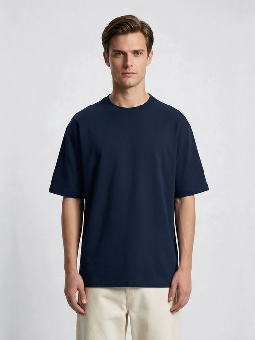 Men's Plain Navy Blue Round Neck Oversized T-Shirt