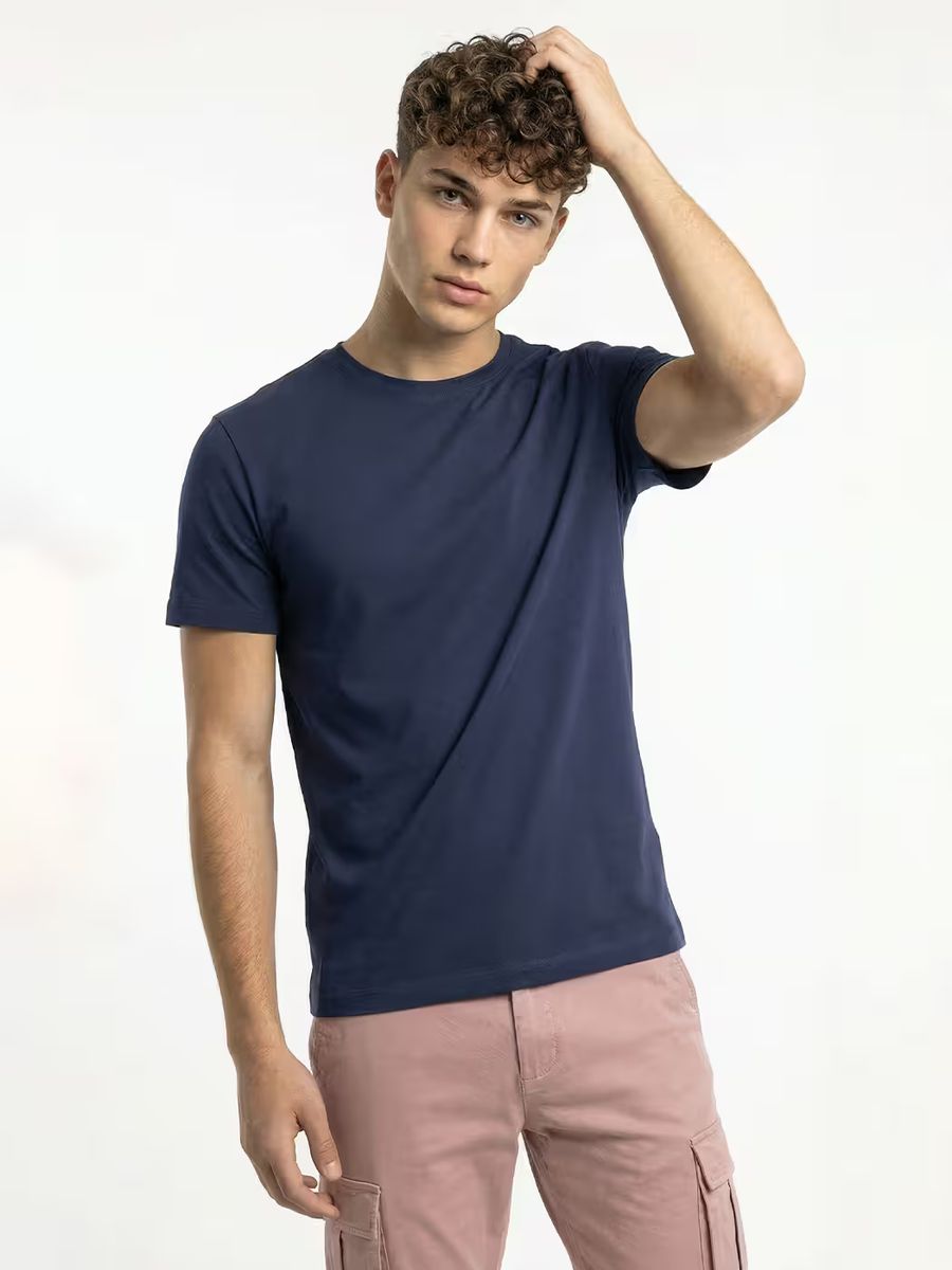 Men's Plain Navy Blue Half Sleeve Round Neck T-Shirt 2