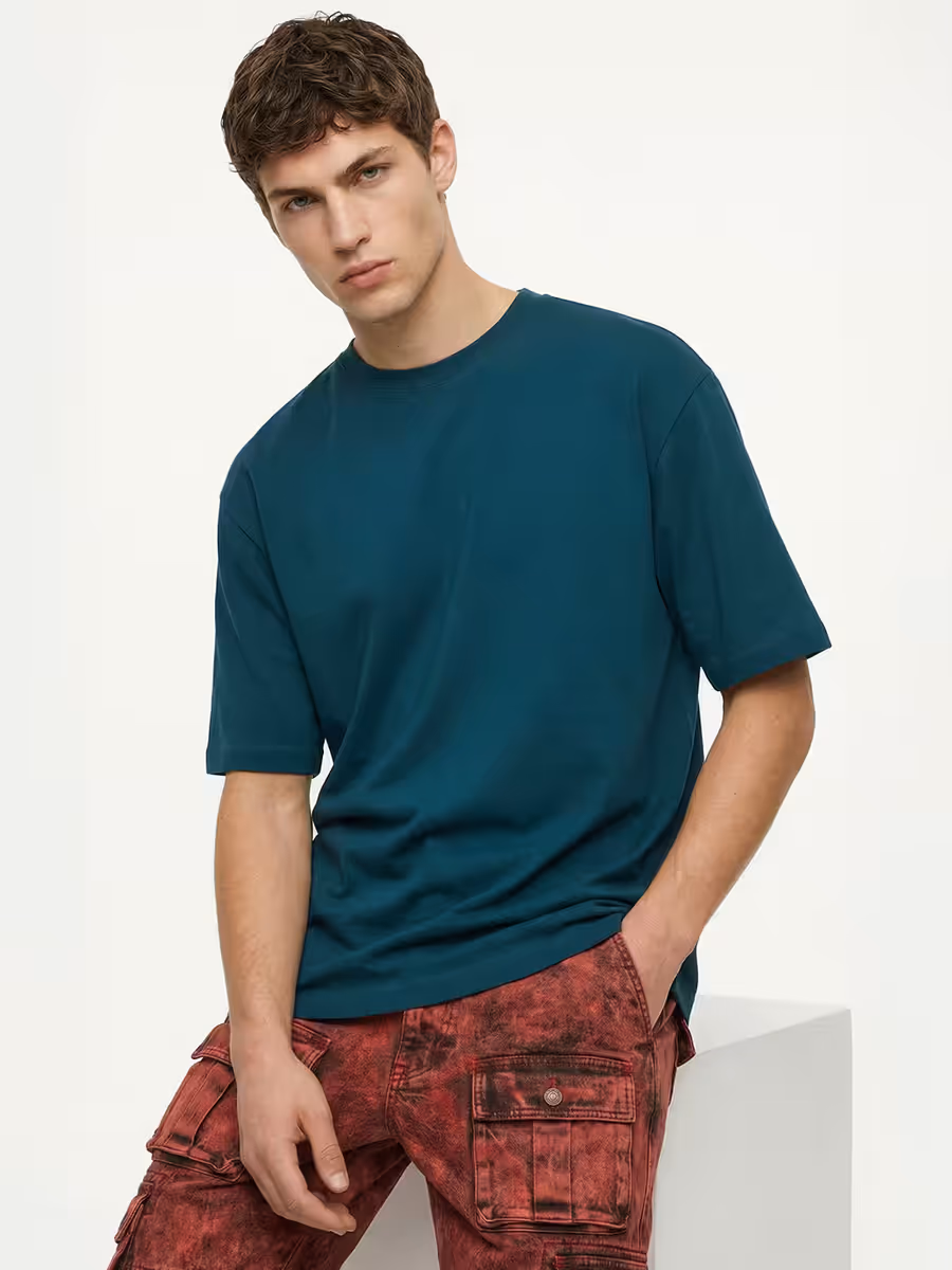 Men's Plain Petrol Round Neck Oversized T-Shirt 2