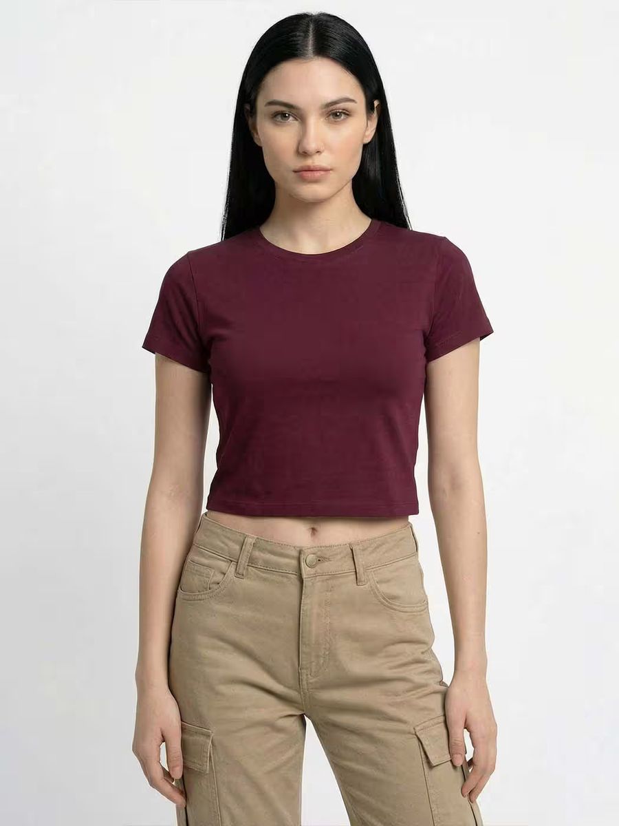 Women's Plain Maroon Half Sleeve Crop Top