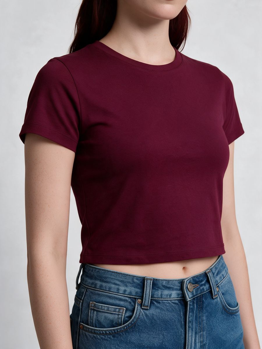 Women's Plain Maroon Half Sleeve Crop Top - alternate view 5