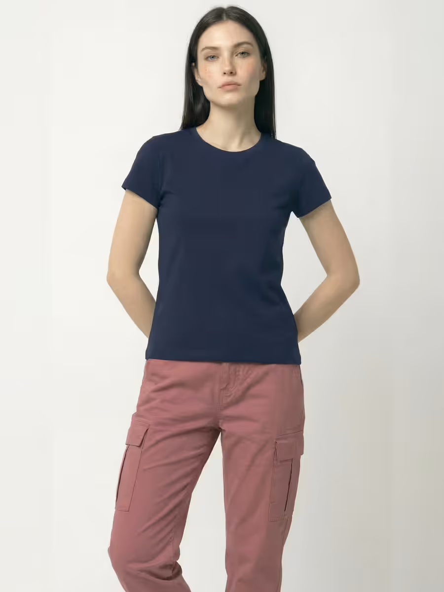 Women's Plain Navy Blue Half Sleeve Round Neck T-Shirt 5