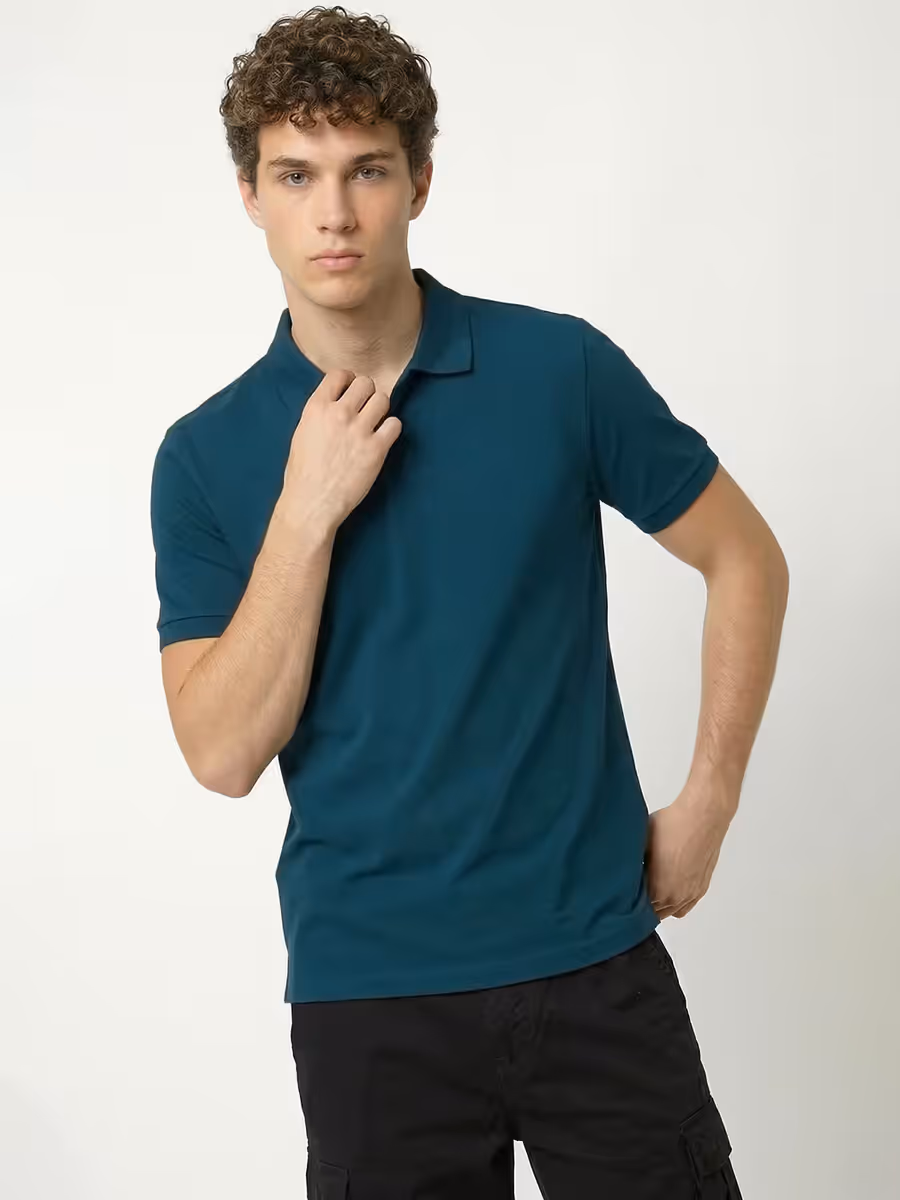 Men's Plain Petrol Half Sleeve Polo T-Shirt 2