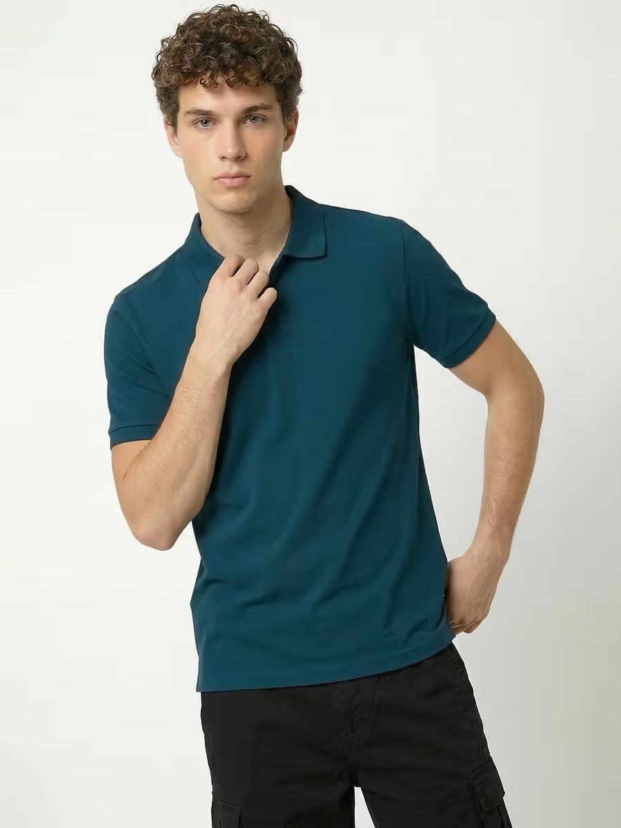 Men's Plain Petrol Half Sleeve Polo T-Shirt 2