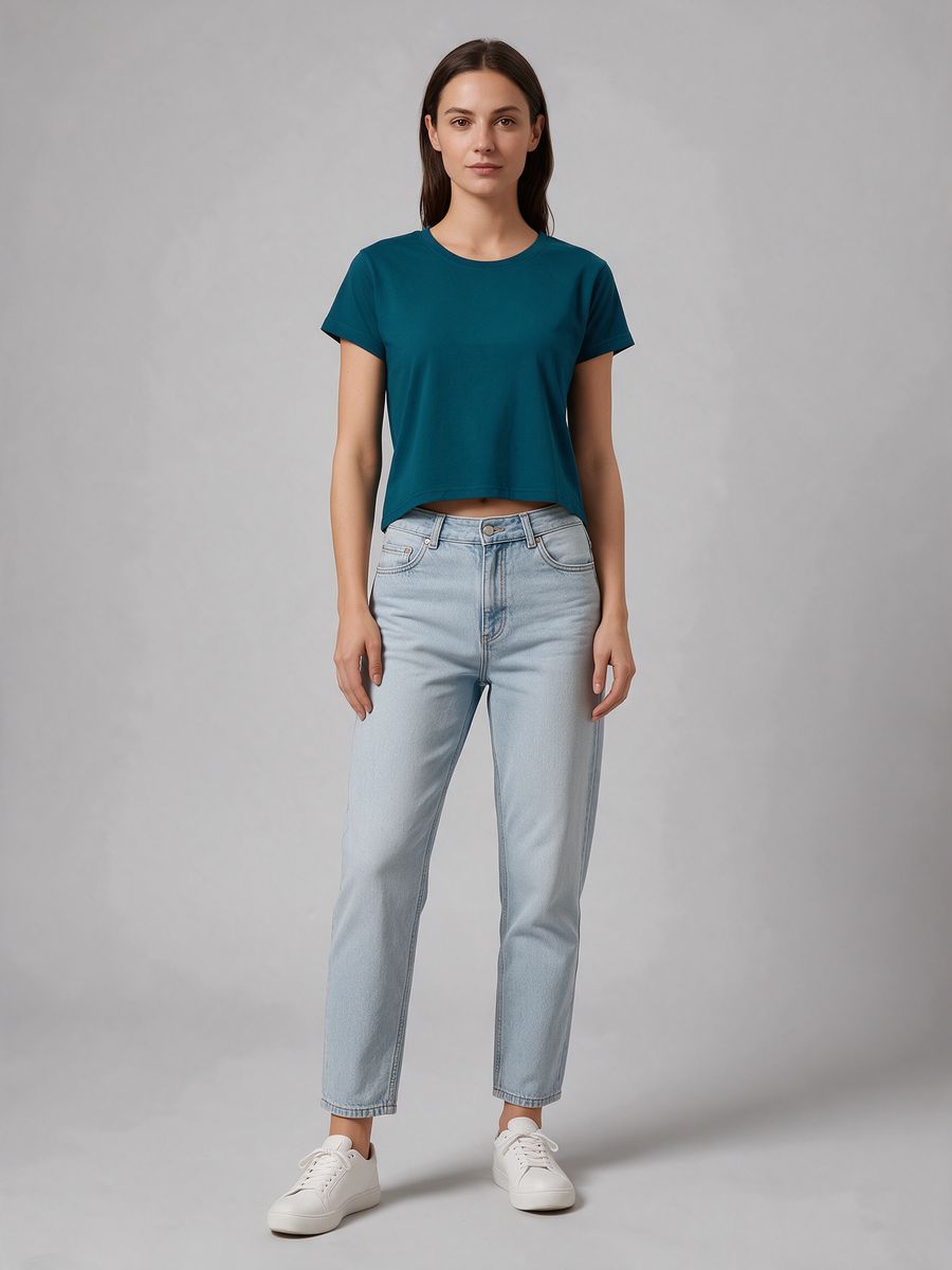 Women's Plain Petrol Half Sleeve Crop Top - alternate view 6