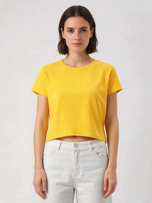 Women's Plain Yellow Half Sleeve Crop Top