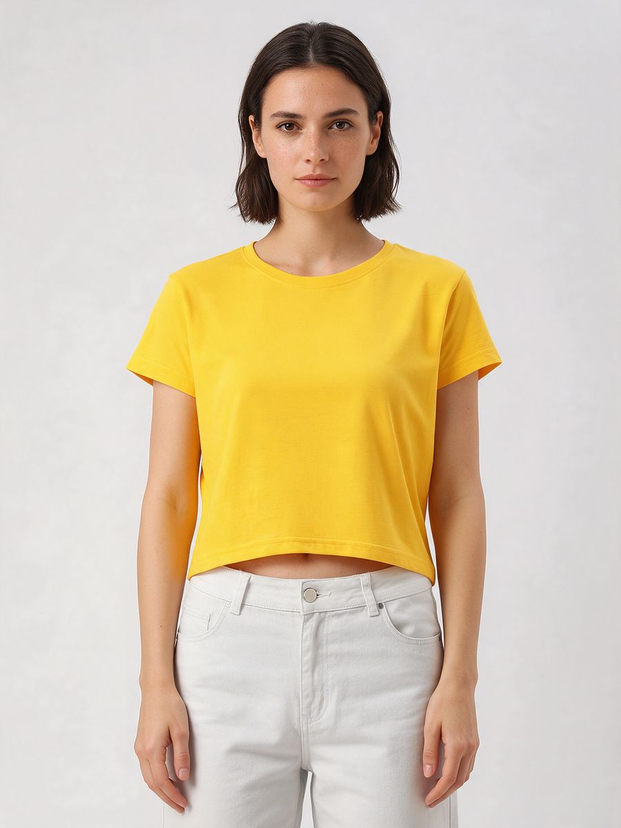 Women's Plain Yellow Half Sleeve Crop Top