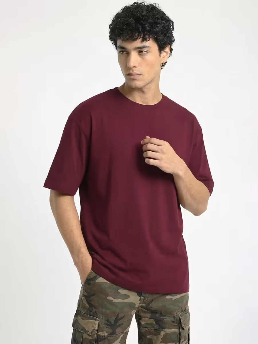 Men's Plain Maroon Round Neck Oversized T-Shirt 2