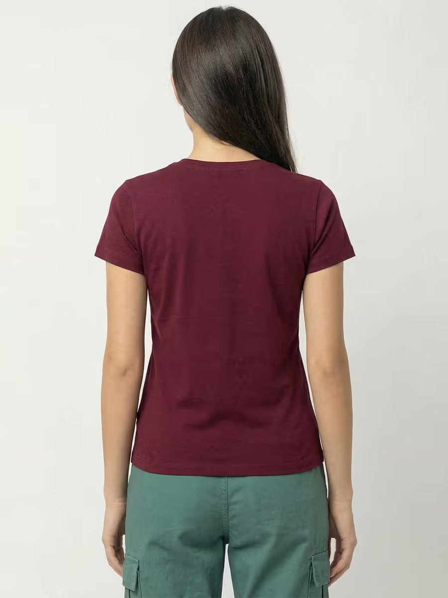 Women's Plain Maroon Half Sleeve Round Neck T-Shirt 2