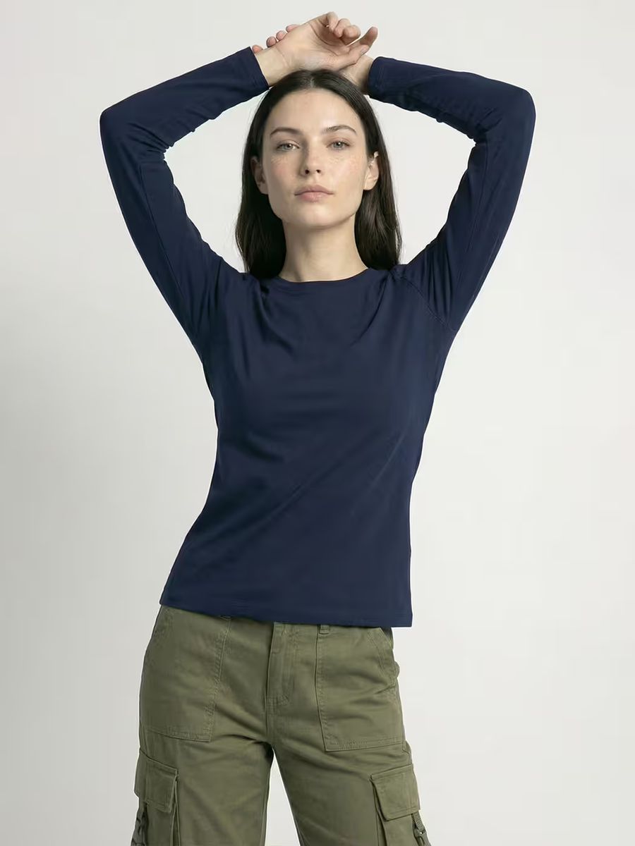 Women's Plain Navy Blue Full Sleeve Round Neck T-Shirt 5