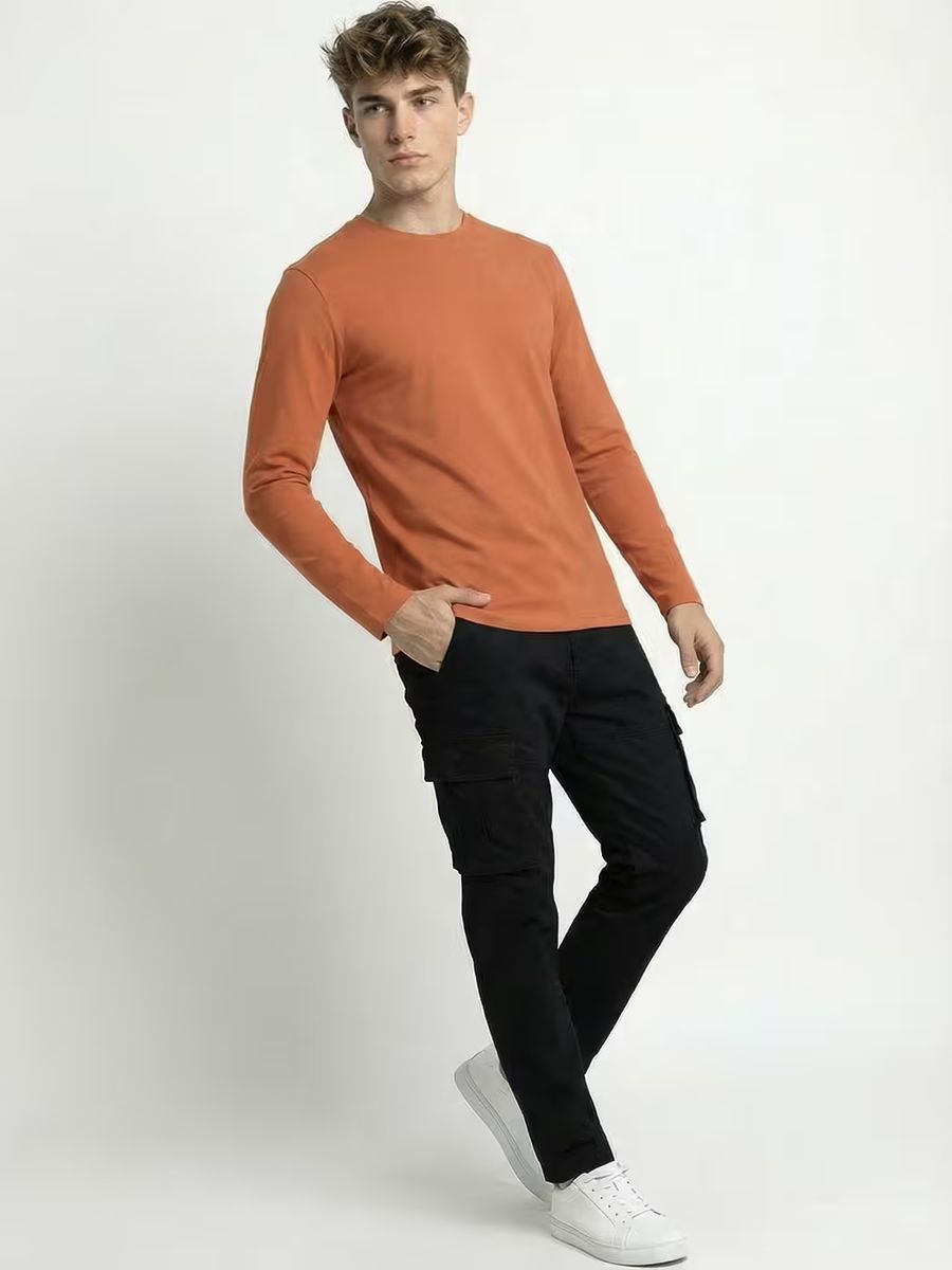 Men's Plain Saffron Full Sleeve Round Neck T-Shirt 4